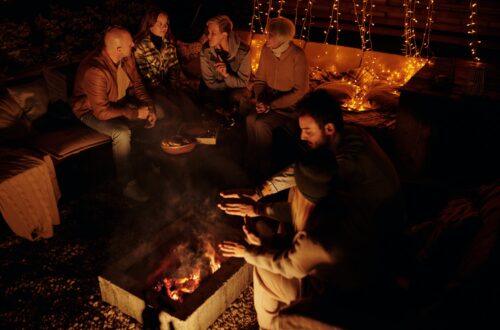 people chilling around fire in backyard at night