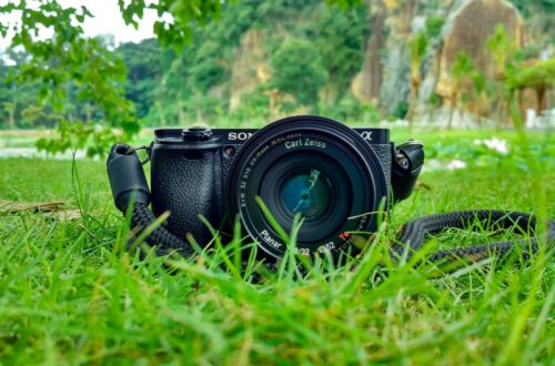 black sony dslr camera on green grass in front of brown and green mountain
