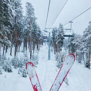 red skis on snow covered ground