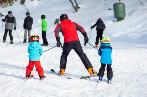people skiing on snow covered ground